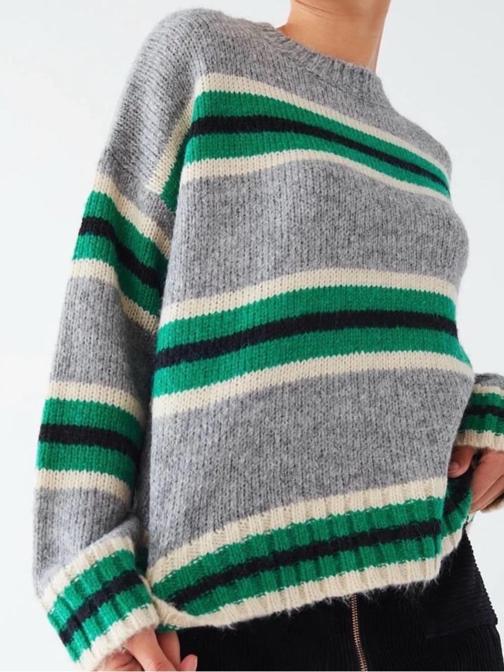 Urban Outfitters Gray Crewneck Sweater with Green & Cream Stripes